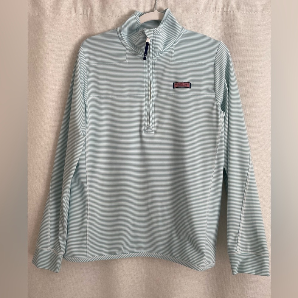 Vineyard Vines Light Mint and White Striped Quarter-Zip Pullover